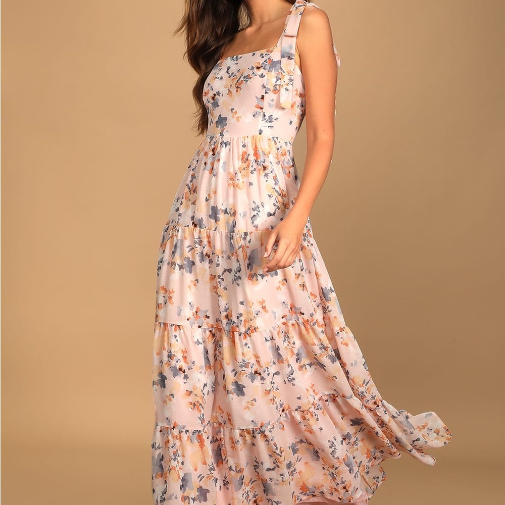 Lulus all admiration pink floral print tie strap tiered maxi dress (sold out)